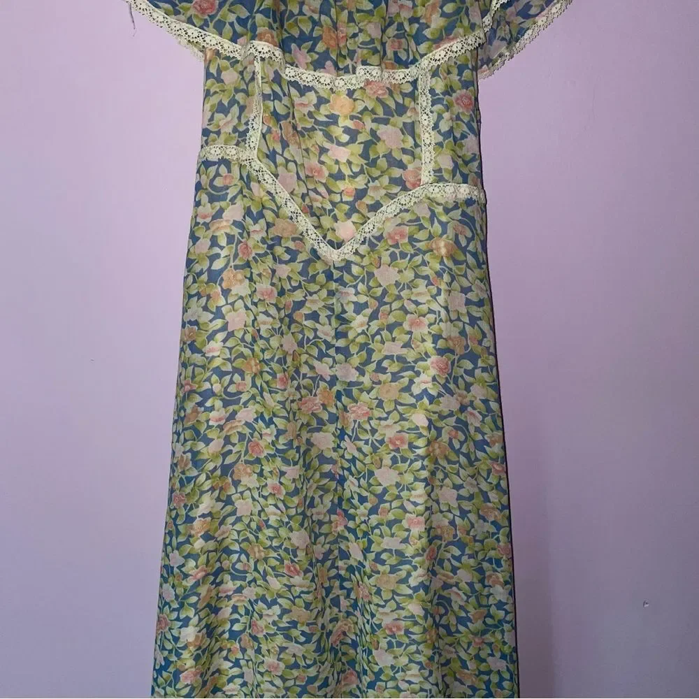 Camela of California S Maxi Dress 70s Ball Gown Blue Ditsy Floral Ruffle Boho - Picture 3 of 10